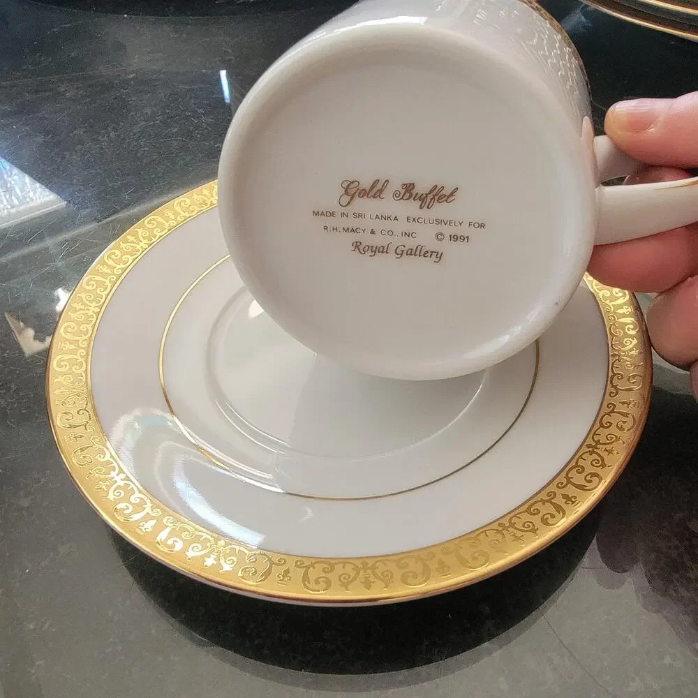 Royal Gallery Gold Buffet Cup & Saucer White Gold Trim Porcelain Sri Lanka 1991